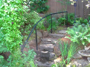 59 Ornamental iron handrail, garden, Silverton, Oregon