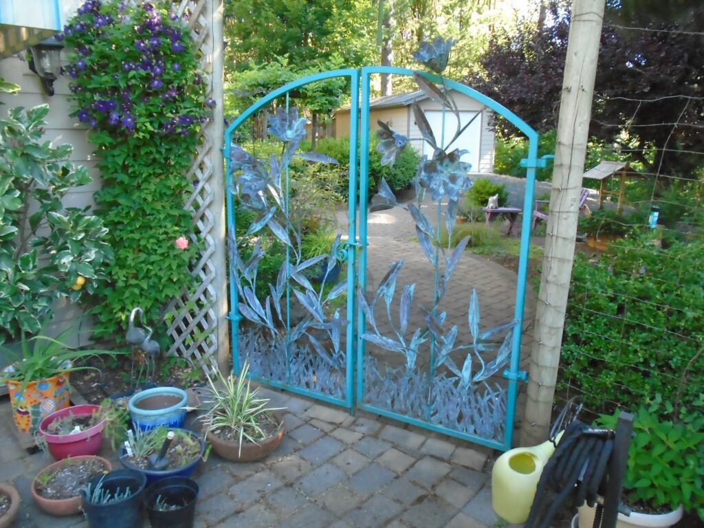 custom iron gate blue with flowers